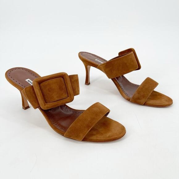 Manolo Blahnik Shoes - Manolo Blahnik Gable Camel Brown Suede Buckle Open Toe Stiletto Mules IT 39